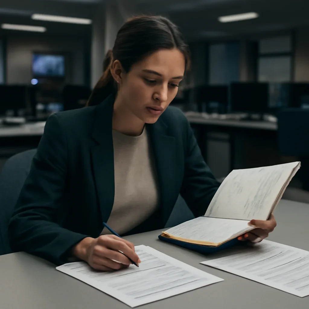 Reporter reviewing source material and timeline notes related to help center, subscriptions, archive access, and troubleshooting