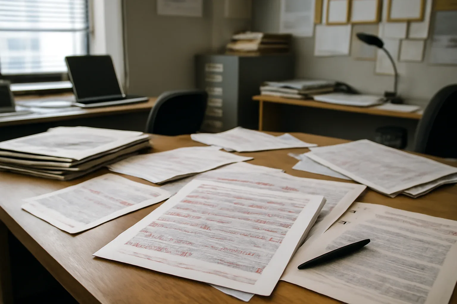 Editorial workspace with annotated documents and newspapers prepared for terms of use