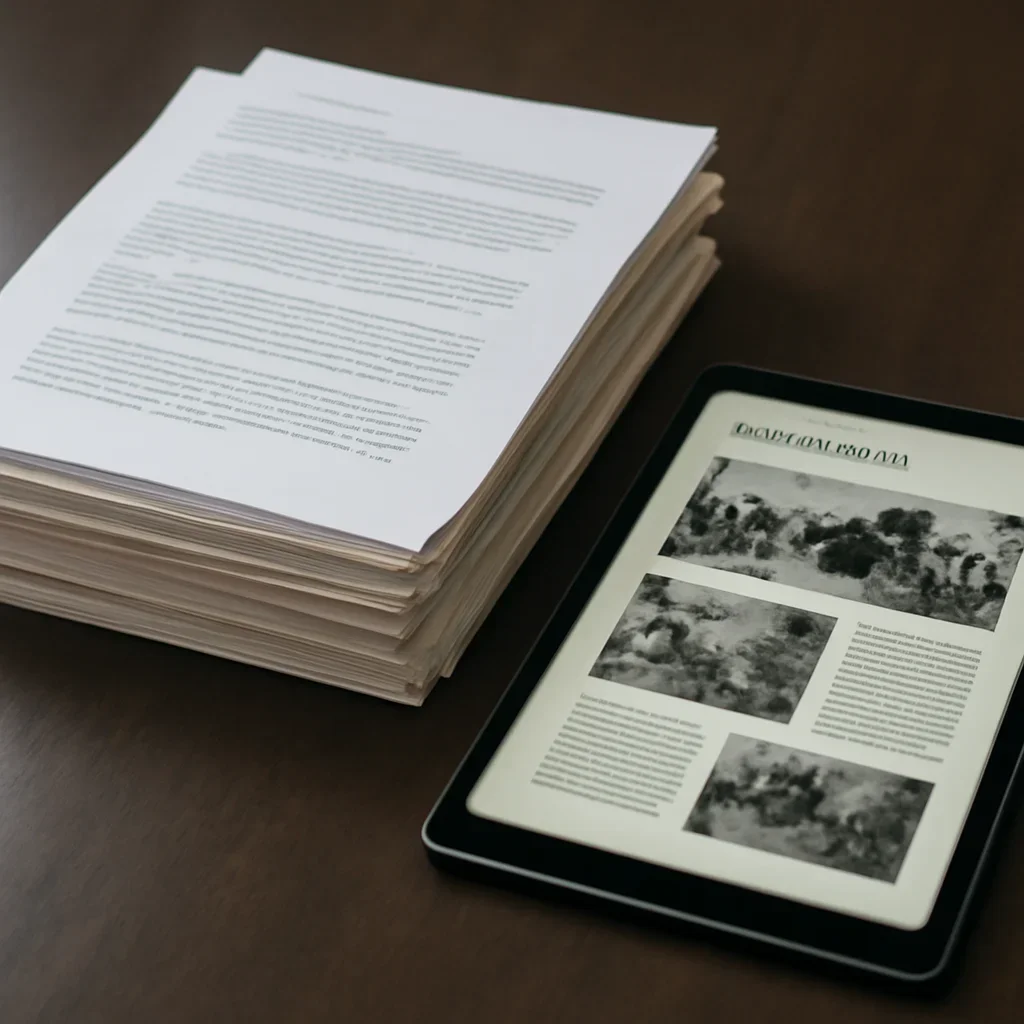 Stack of printed briefings and a tablet displaying archival notes for attacks on civilians