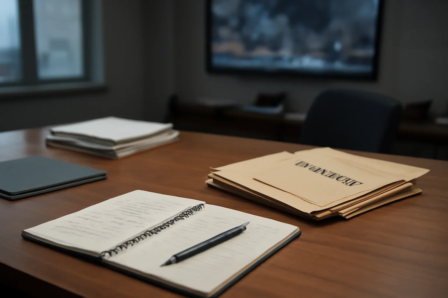 Reference desk with legal notes and evidence folders prepared for attacks on civilians coverage