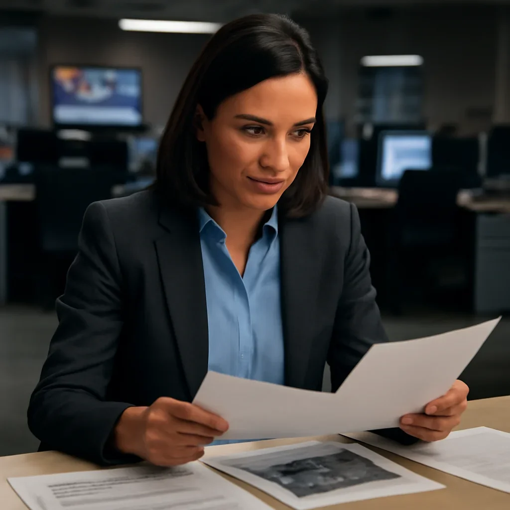 Reporter reviewing source material and timeline notes related to attacks on civilians