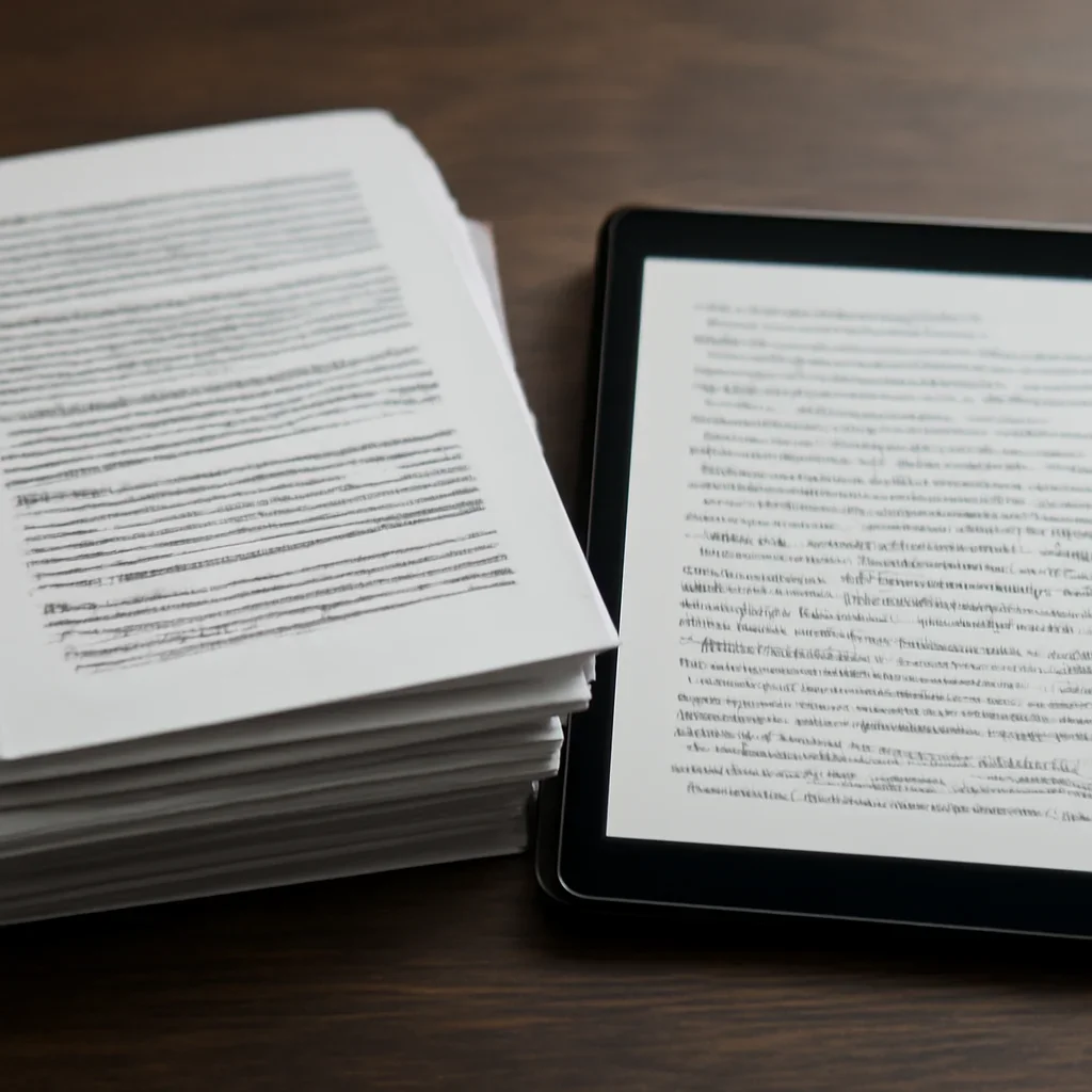 Stack of printed briefings and a tablet displaying archival notes for attacks on hospitals