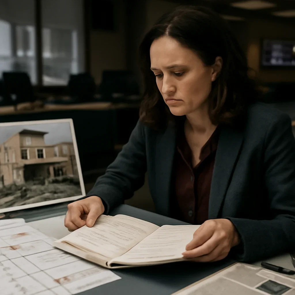 Reporter reviewing source material and timeline notes related to attacks on hospitals