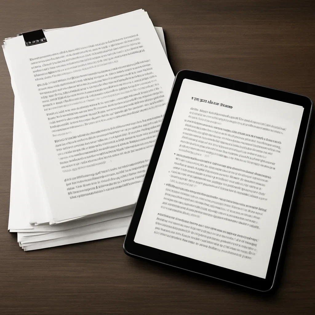 Stack of printed briefings and a tablet displaying archival notes for attacks on journalists