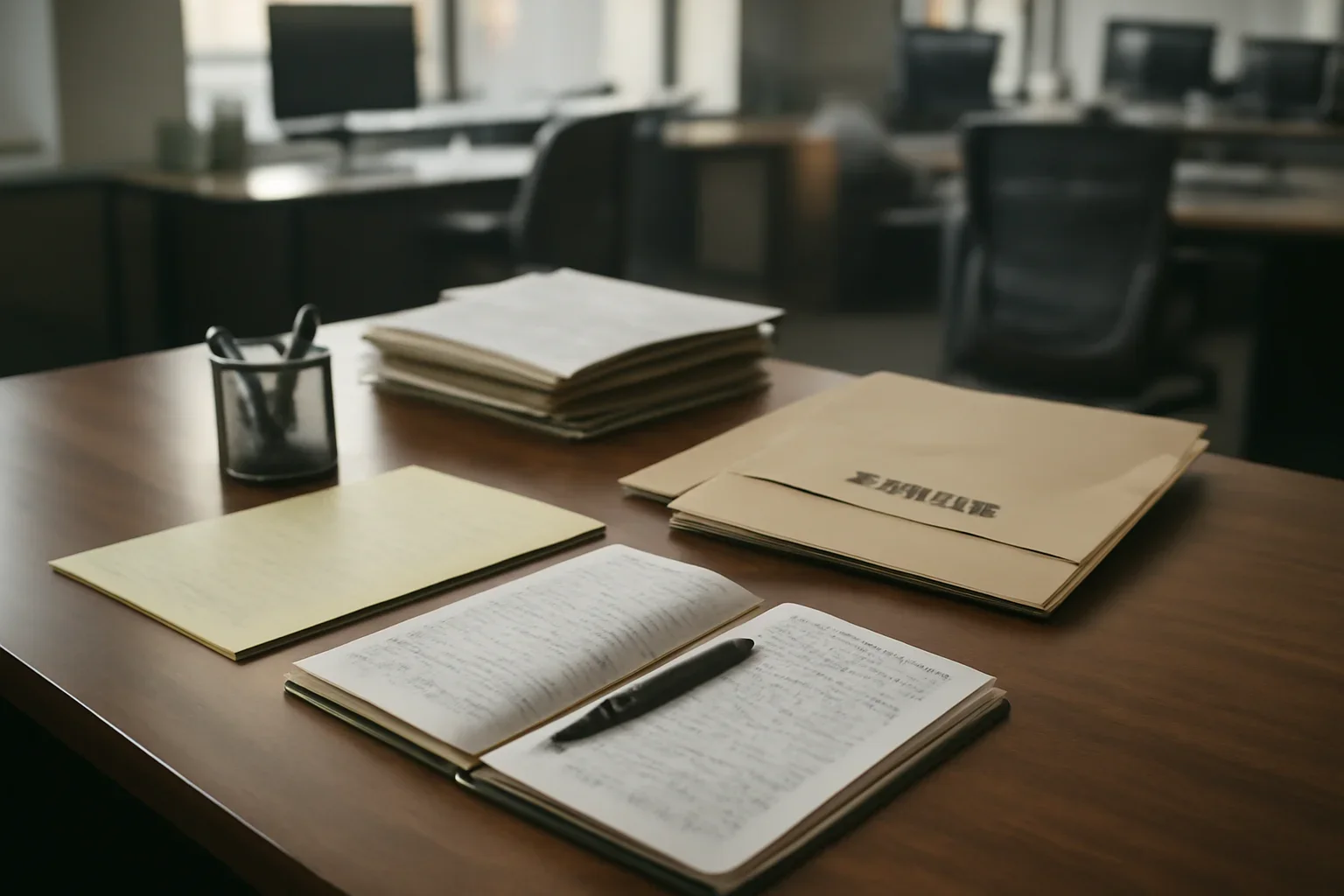 Reference desk with legal notes and evidence folders prepared for attacks on journalists coverage