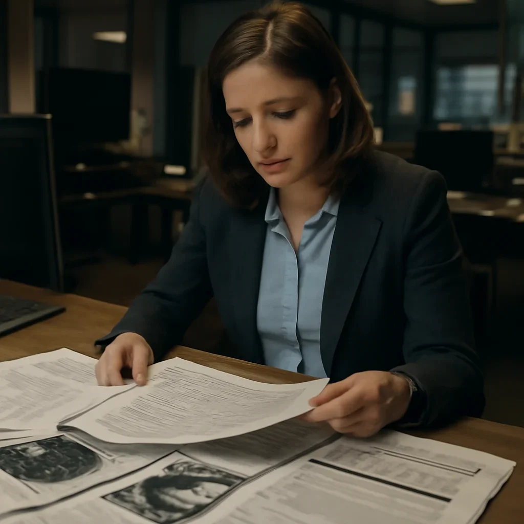 Reporter reviewing source material and timeline notes related to attacks on journalists