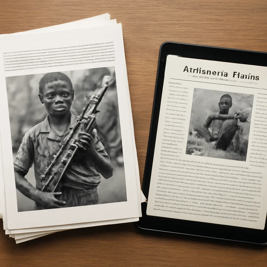 Stack of printed briefings and a tablet displaying archival notes for child soldiers