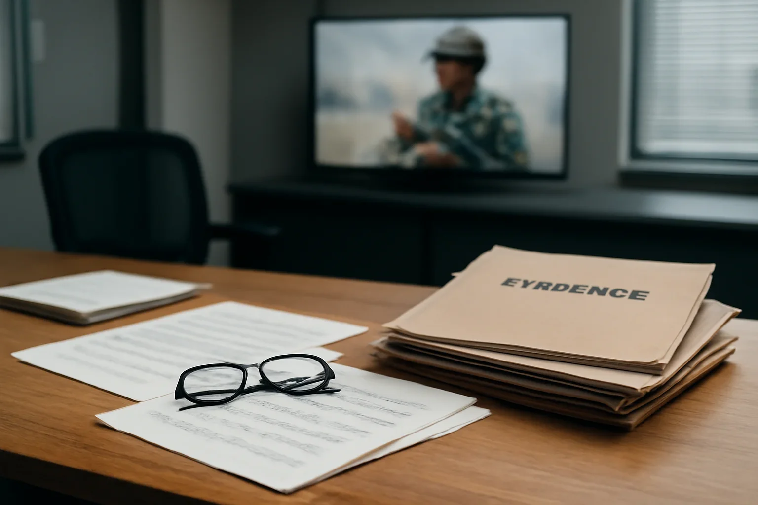 Reference desk with legal notes and evidence folders prepared for child soldiers coverage