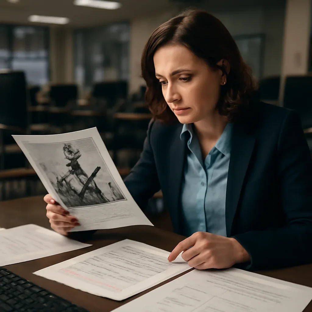 Reporter reviewing source material and timeline notes related to child soldiers