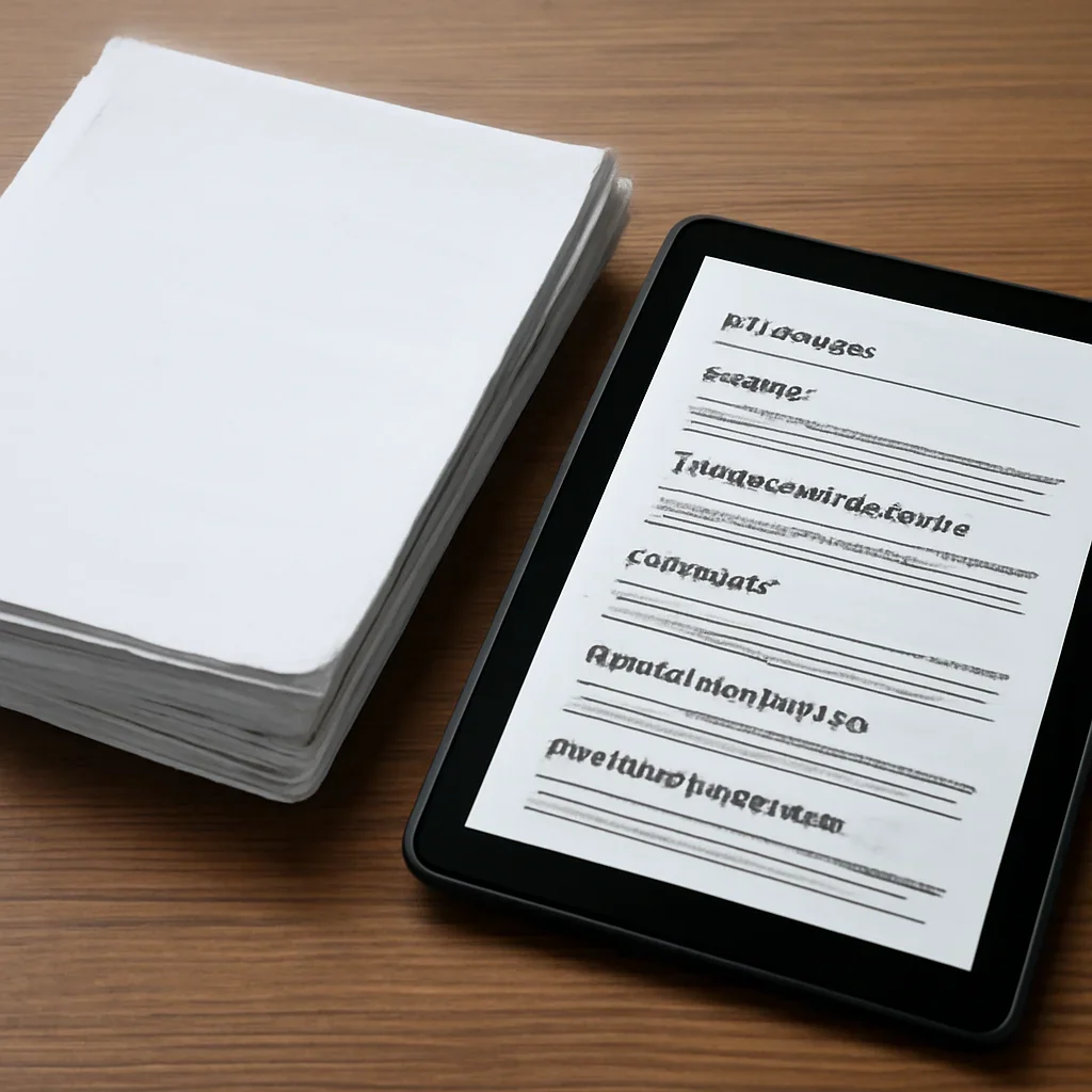 Stack of printed briefings and a tablet displaying archival notes for topic clusters on specific war crimes and legal doctrines