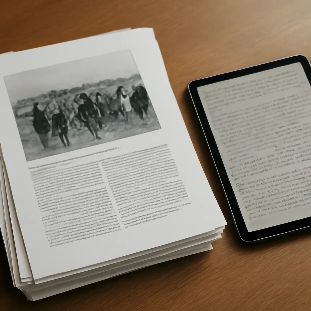 Stack of printed briefings and a tablet displaying archival notes for forced displacement