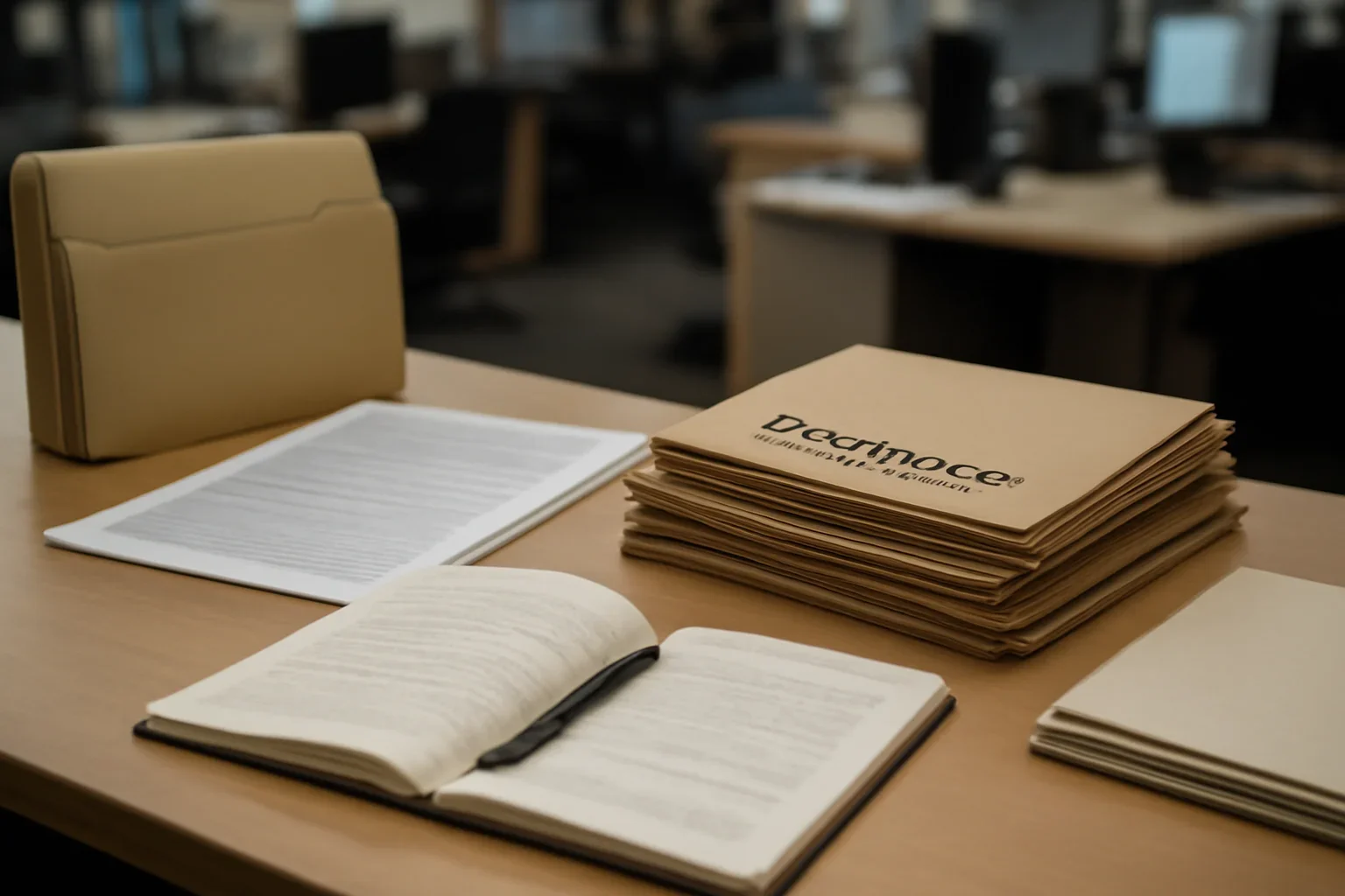 Reference desk with legal notes and evidence folders prepared for forced displacement coverage