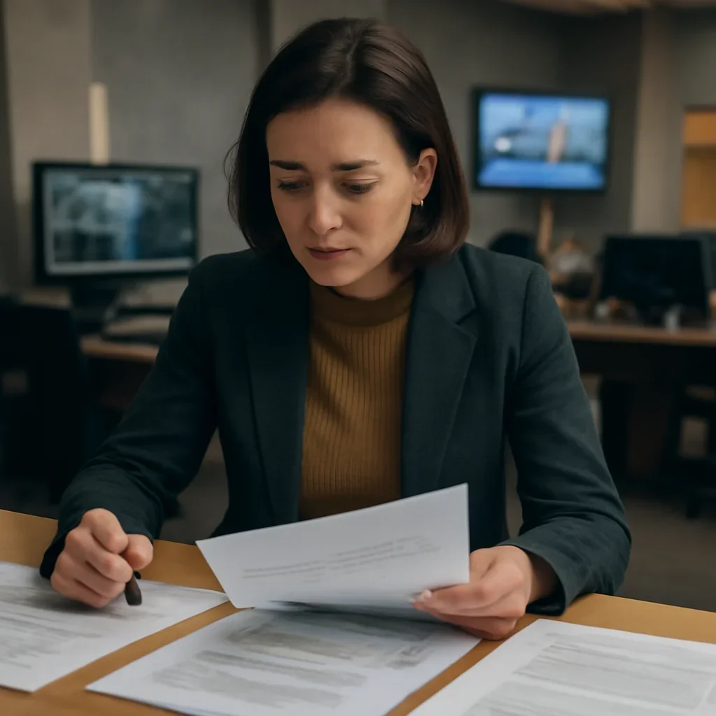 Reporter reviewing source material and timeline notes related to forced displacement