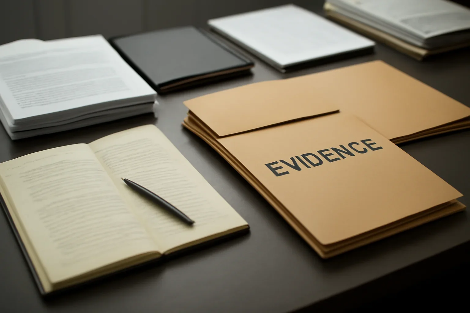 Reference desk with legal notes and evidence folders prepared for topics coverage
