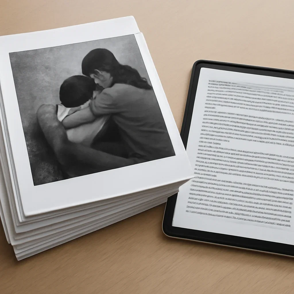 Stack of printed briefings and a tablet displaying archival notes for sexual violence in conflict