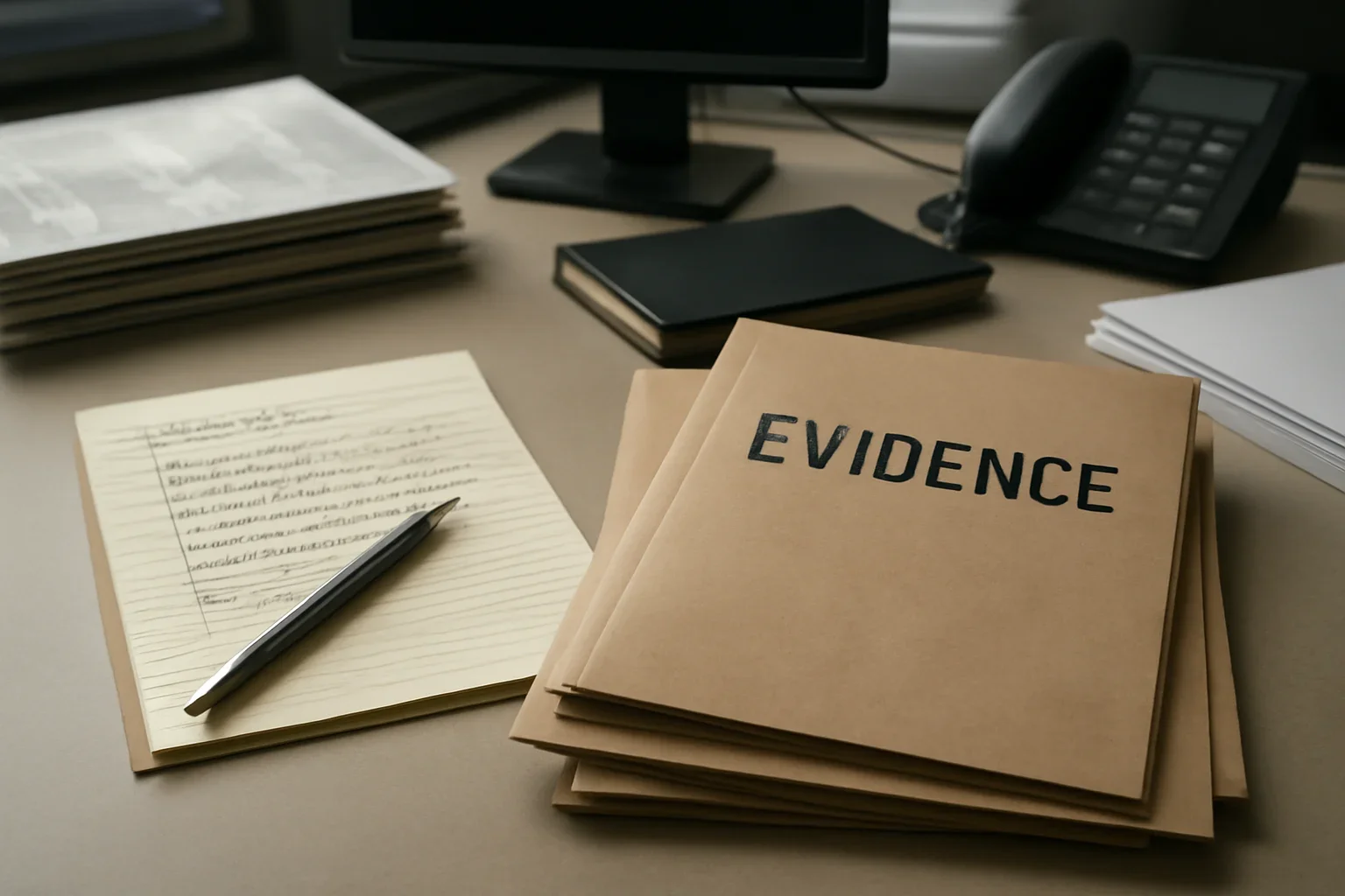 Reference desk with legal notes and evidence folders prepared for sexual violence in conflict coverage
