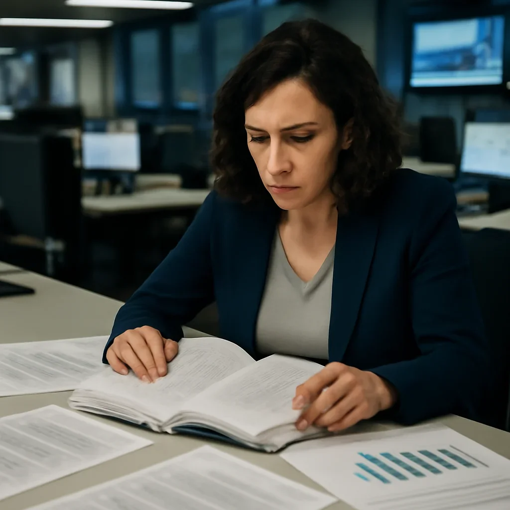 Reporter reviewing source material and timeline notes related to sexual violence in conflict