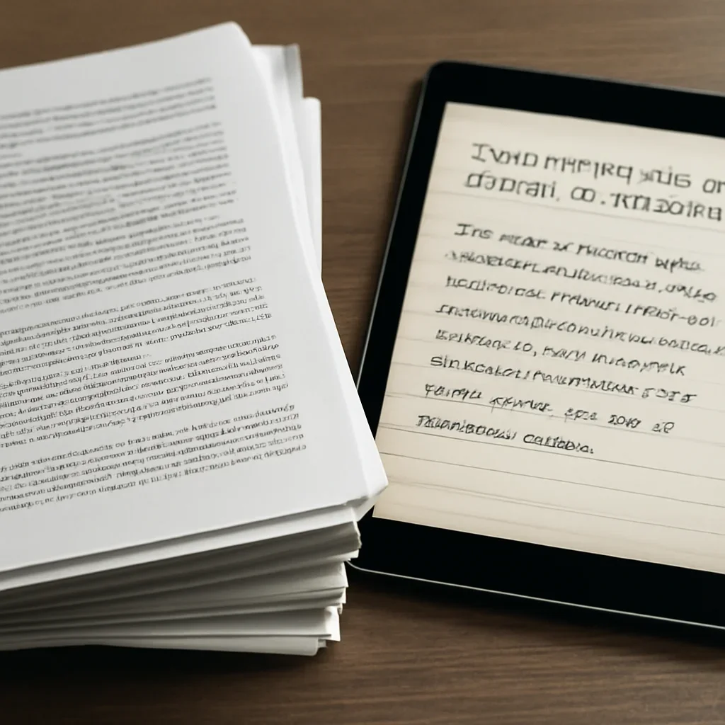 Stack of printed briefings and a tablet displaying archival notes for starvation as a method of warfare