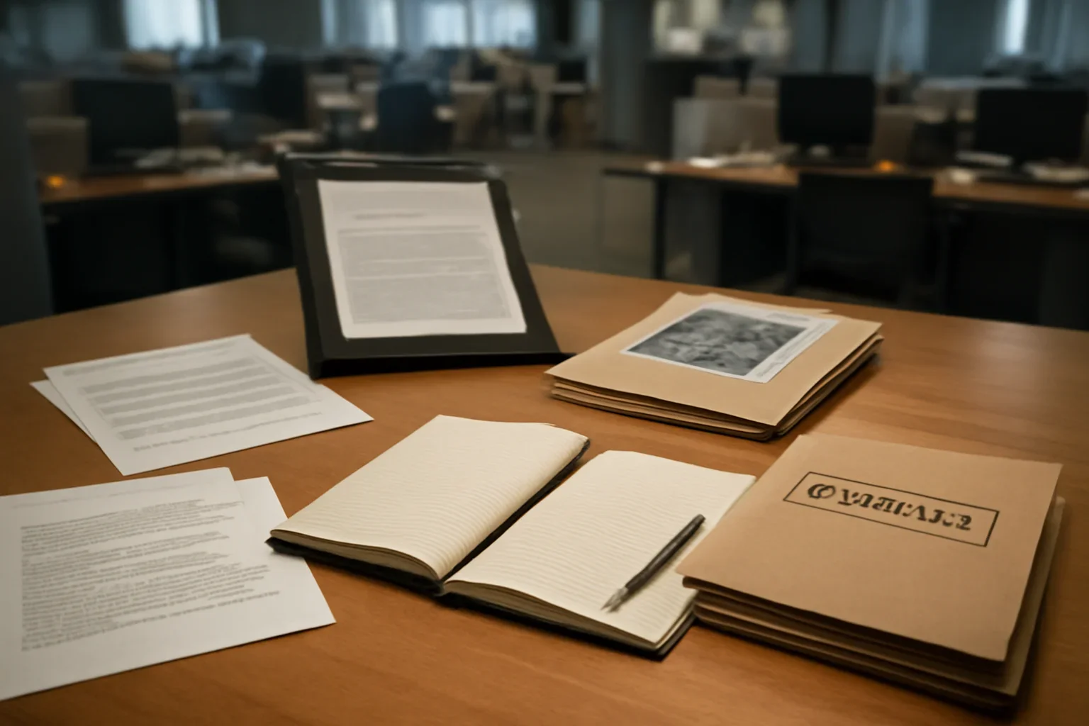 Reference desk with legal notes and evidence folders prepared for starvation as a method of warfare coverage