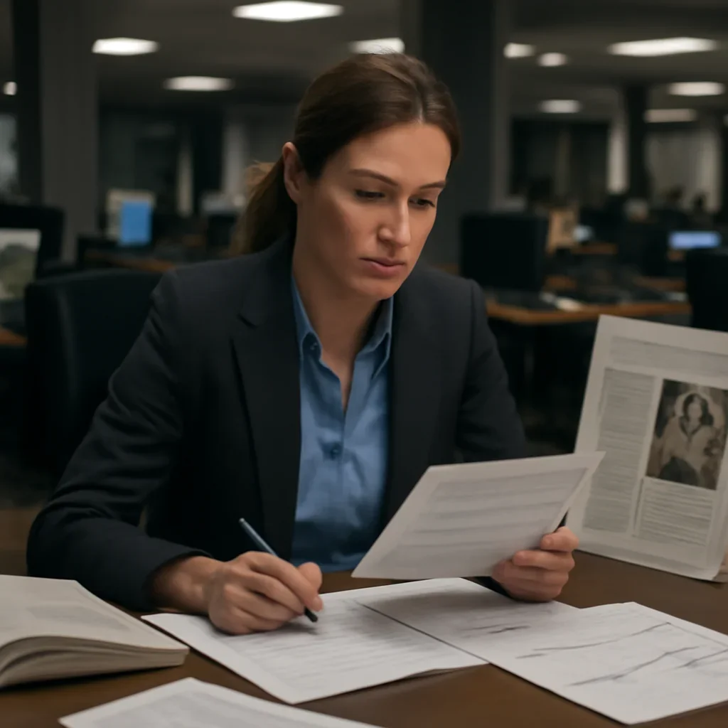 Reporter reviewing source material and timeline notes related to starvation as a method of warfare