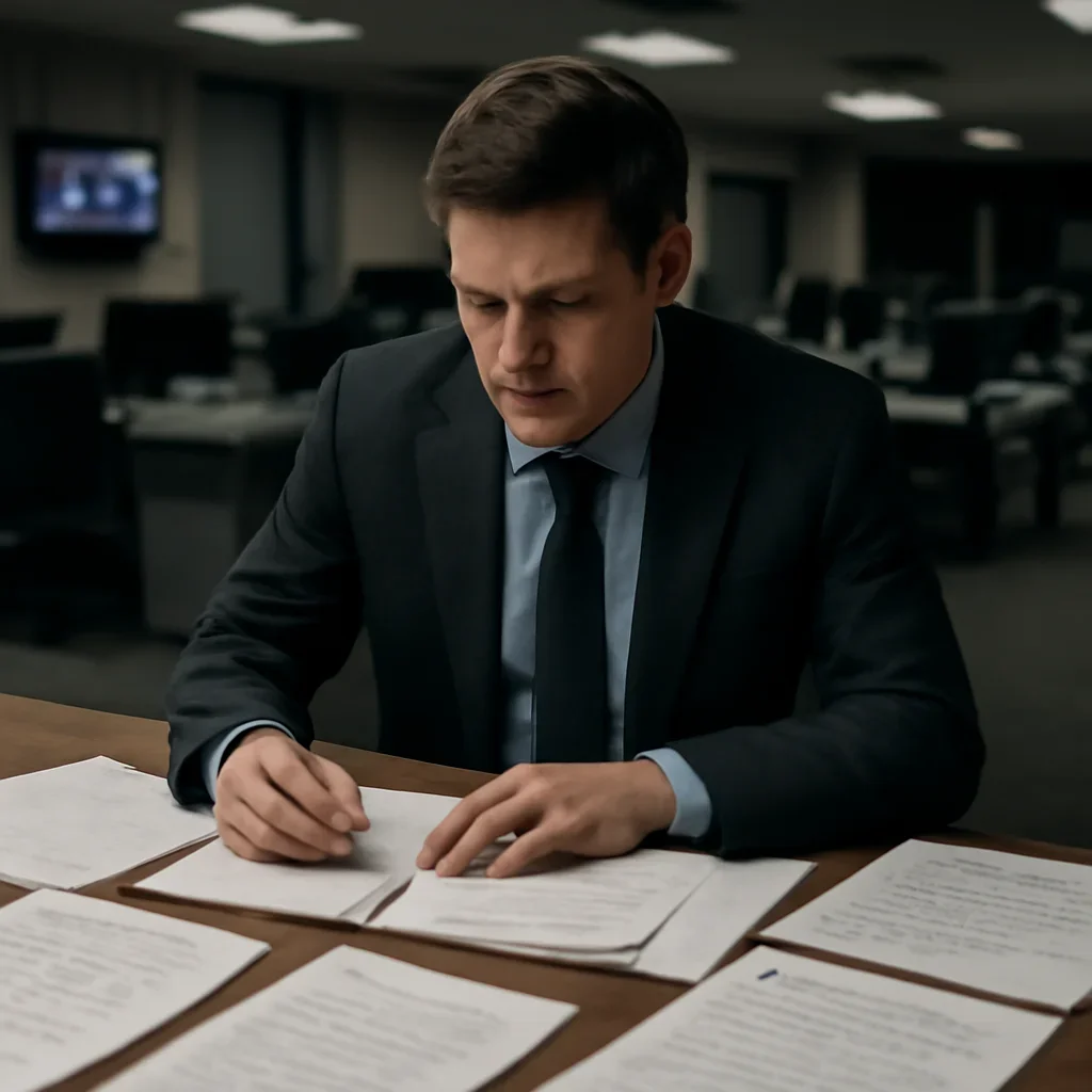 Reporter reviewing source material and timeline notes related to topic clusters on specific war crimes and legal doctrines