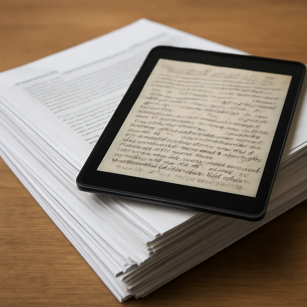 Stack of printed briefings and a tablet displaying archival notes for torture & detainee abuse