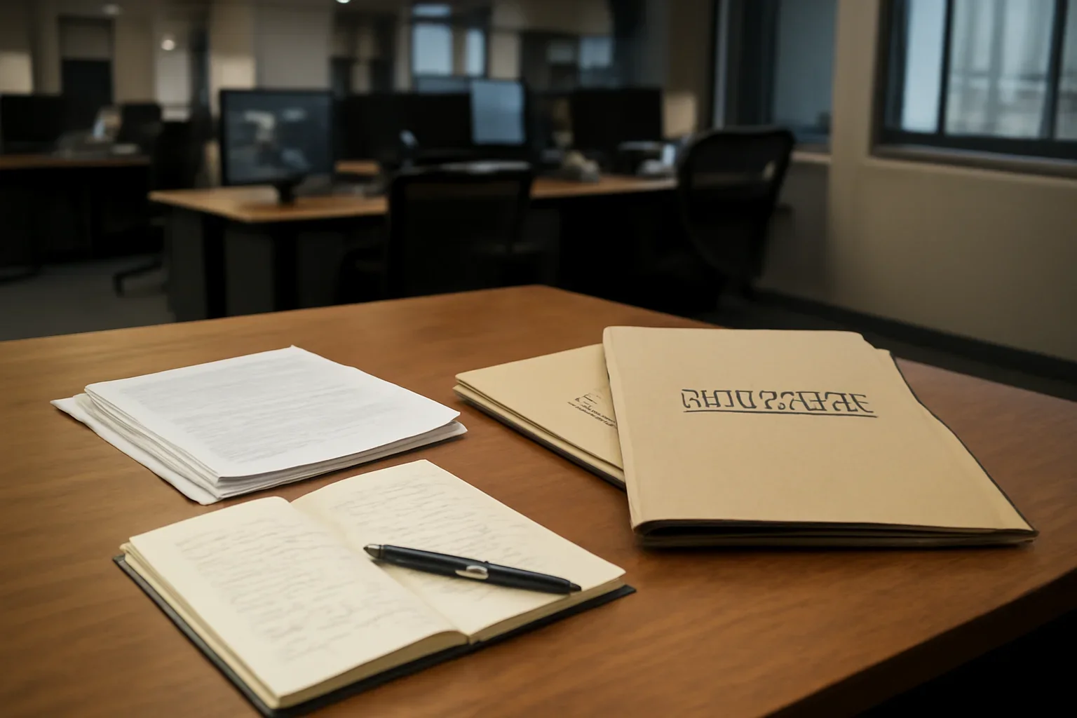 Reference desk with legal notes and evidence folders prepared for torture & detainee abuse coverage