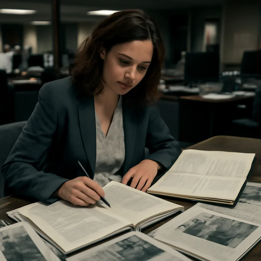 Reporter reviewing source material and timeline notes related to torture & detainee abuse