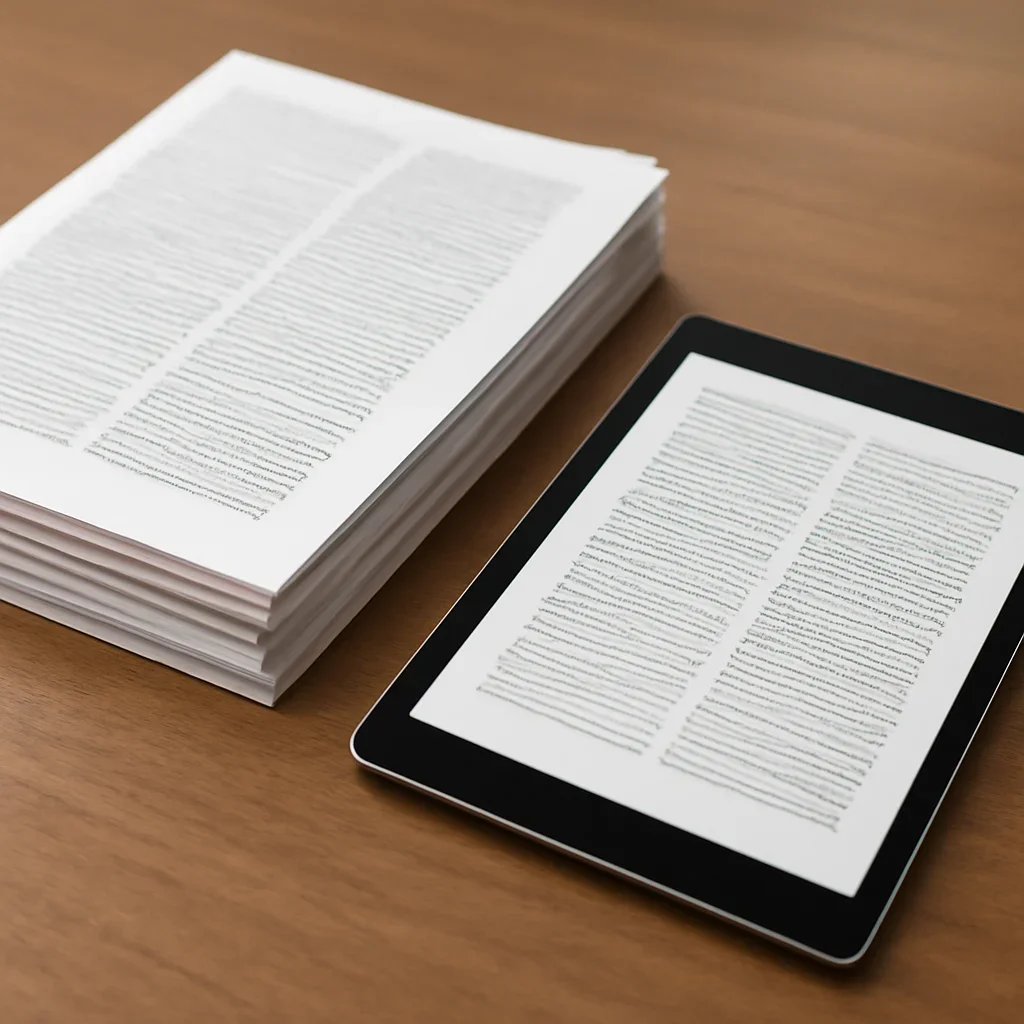 Stack of printed briefings and a tablet displaying archival notes for universal jurisdiction
