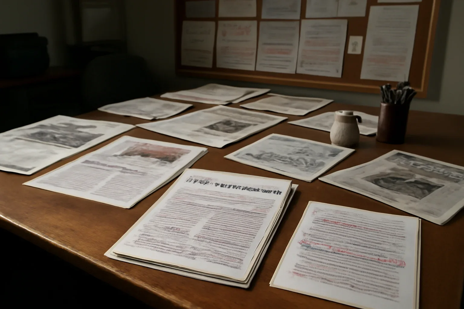 Editorial workspace with annotated documents and newspapers prepared for universal jurisdiction