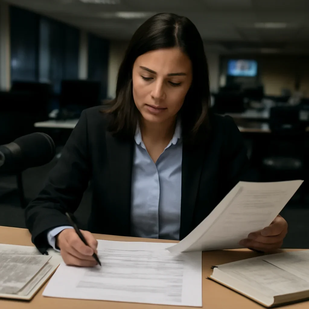 Reporter reviewing source material and timeline notes related to universal jurisdiction