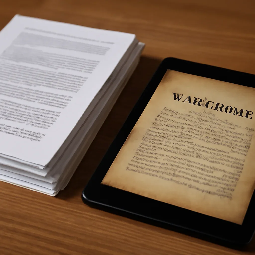 Stack of printed briefings and a tablet displaying archival notes for war crimes