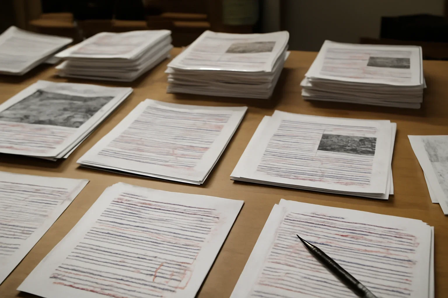 Editorial workspace with annotated documents and newspapers prepared for war crimes