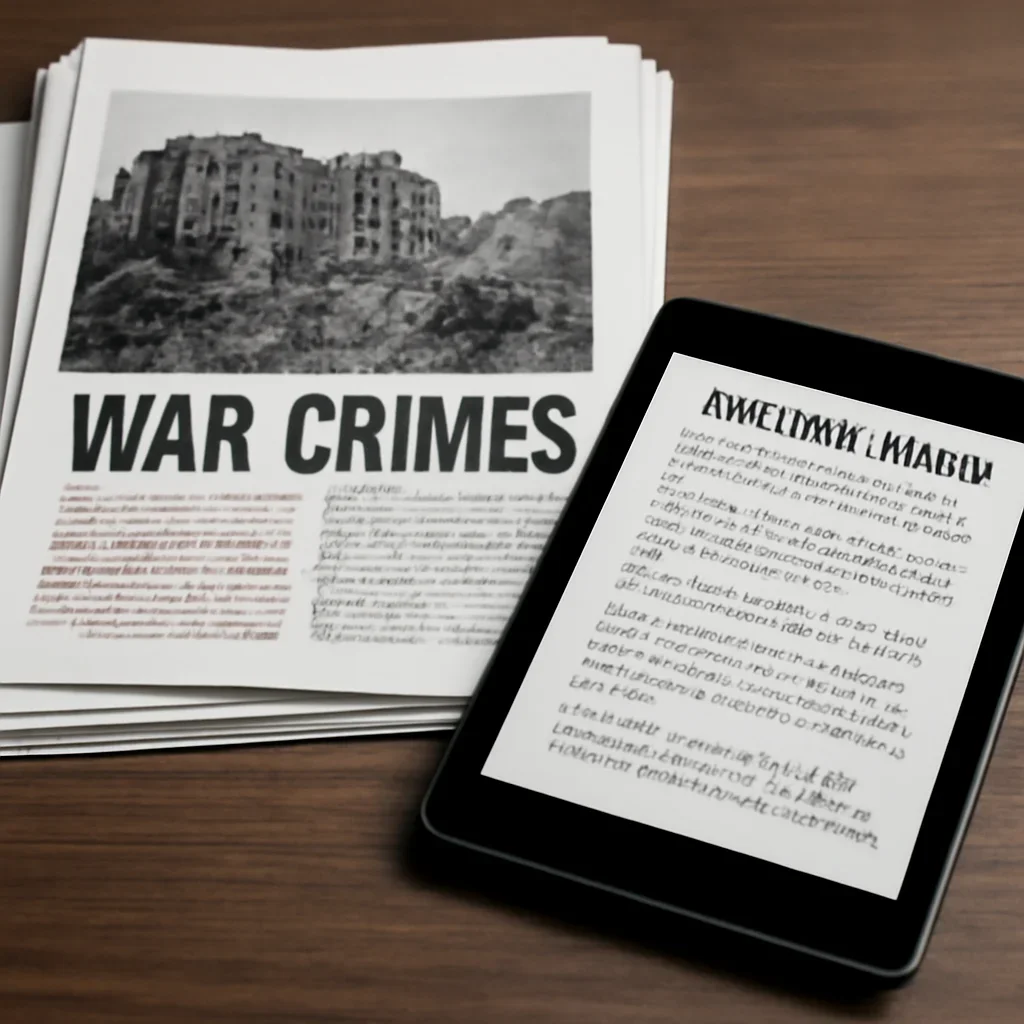 Stack of printed briefings and a tablet displaying archival notes for war crimes news