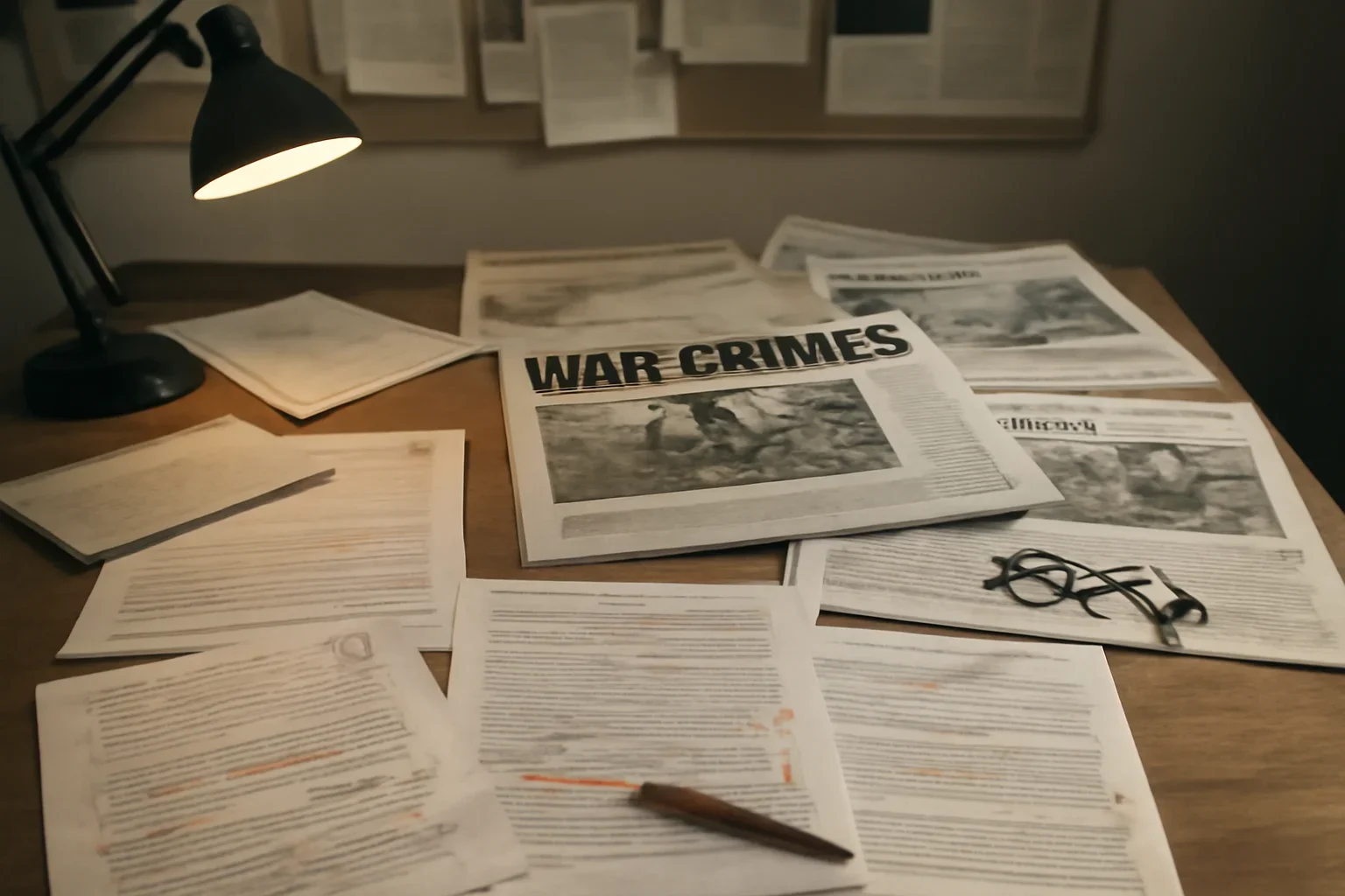 Editorial workspace with annotated documents and newspapers prepared for war crimes news