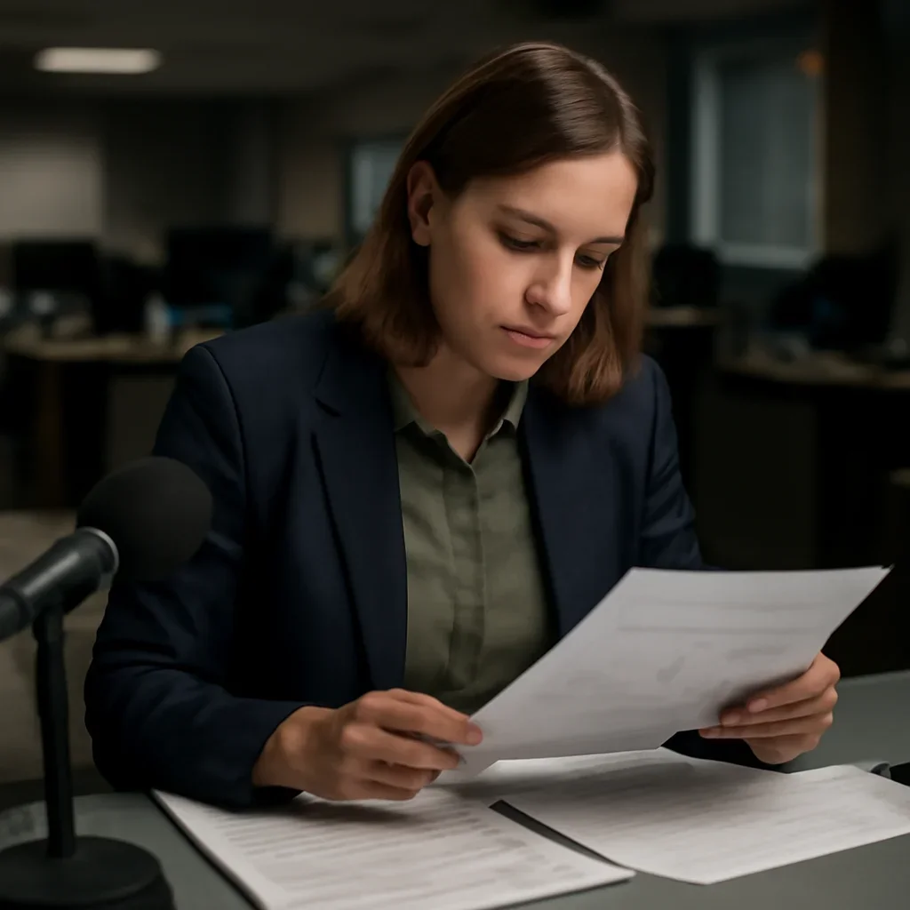 Reporter reviewing source material and timeline notes related to war crimes news