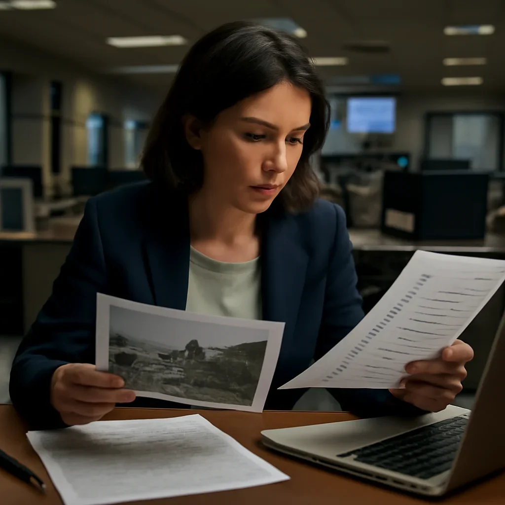 Reporter reviewing source material and timeline notes related to war crimes