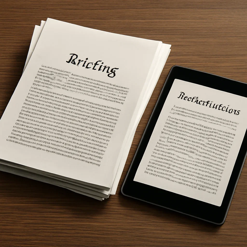 Stack of printed briefings and a tablet displaying archival notes for what is a war crime?