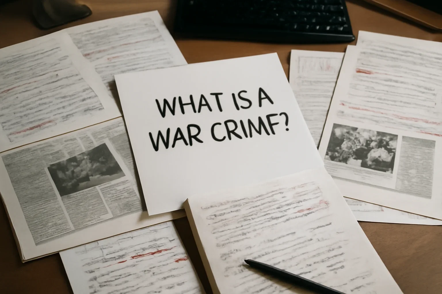 Editorial workspace with annotated documents and newspapers prepared for what is a war crime?