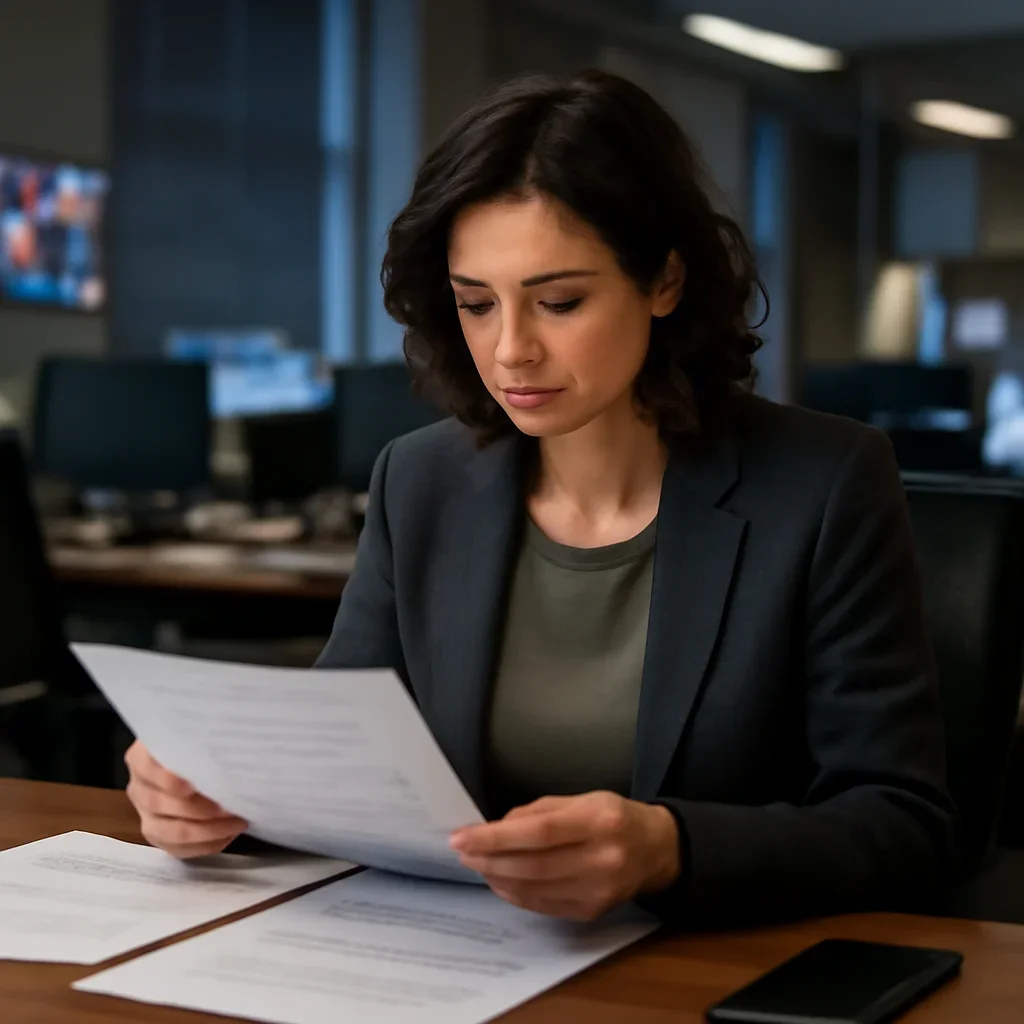 Reporter reviewing source material and timeline notes related to what is a war crime?